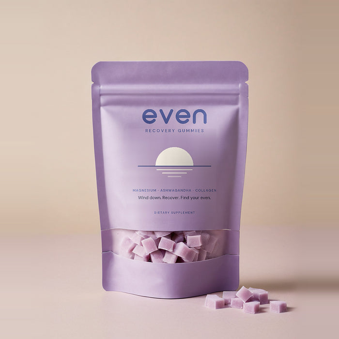 even Recovery Gummies stand-up pouch with lavender gummies