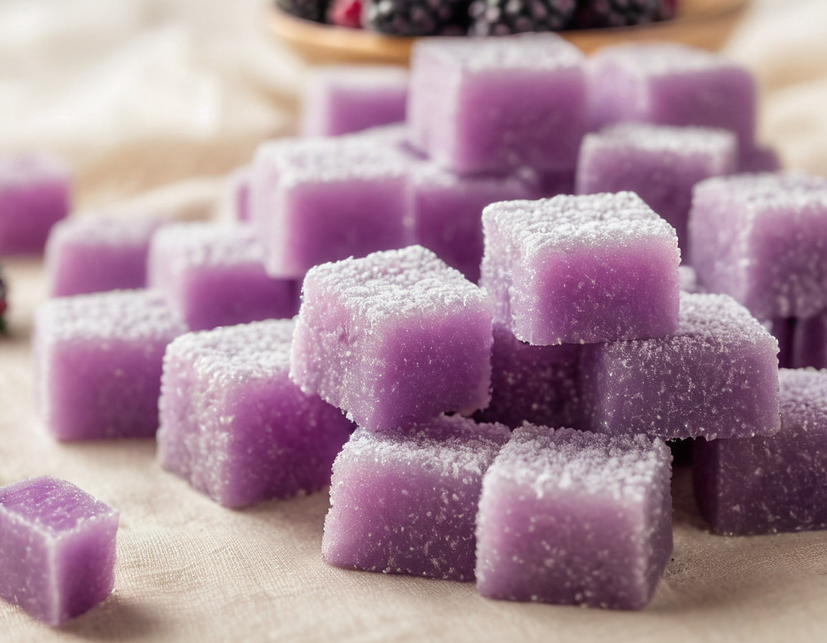Stack of lavender sugar-coated gummies