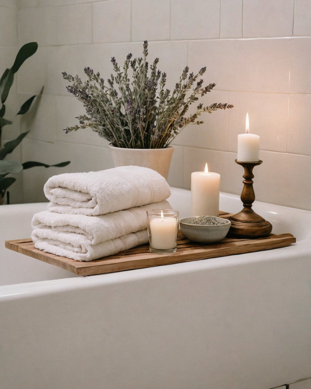 Candlelit bathroom shelf with towels and lavender for an evening wind-down