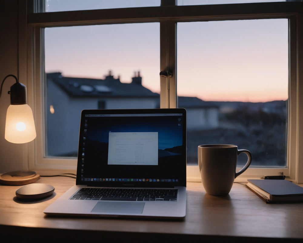 Laptop closing on a desk at dusk at the end of a long workday