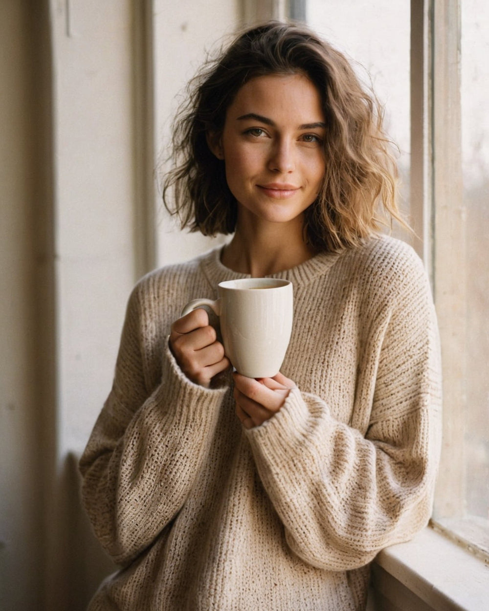 Woman holding a coffee mug by a sunny window in the morning
