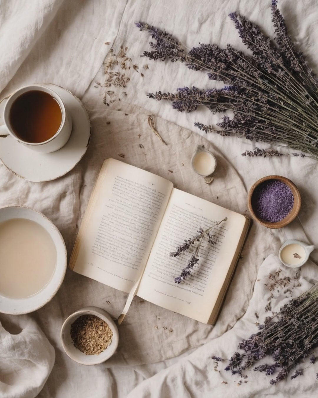 Evening ritual flat lay with tea and a book